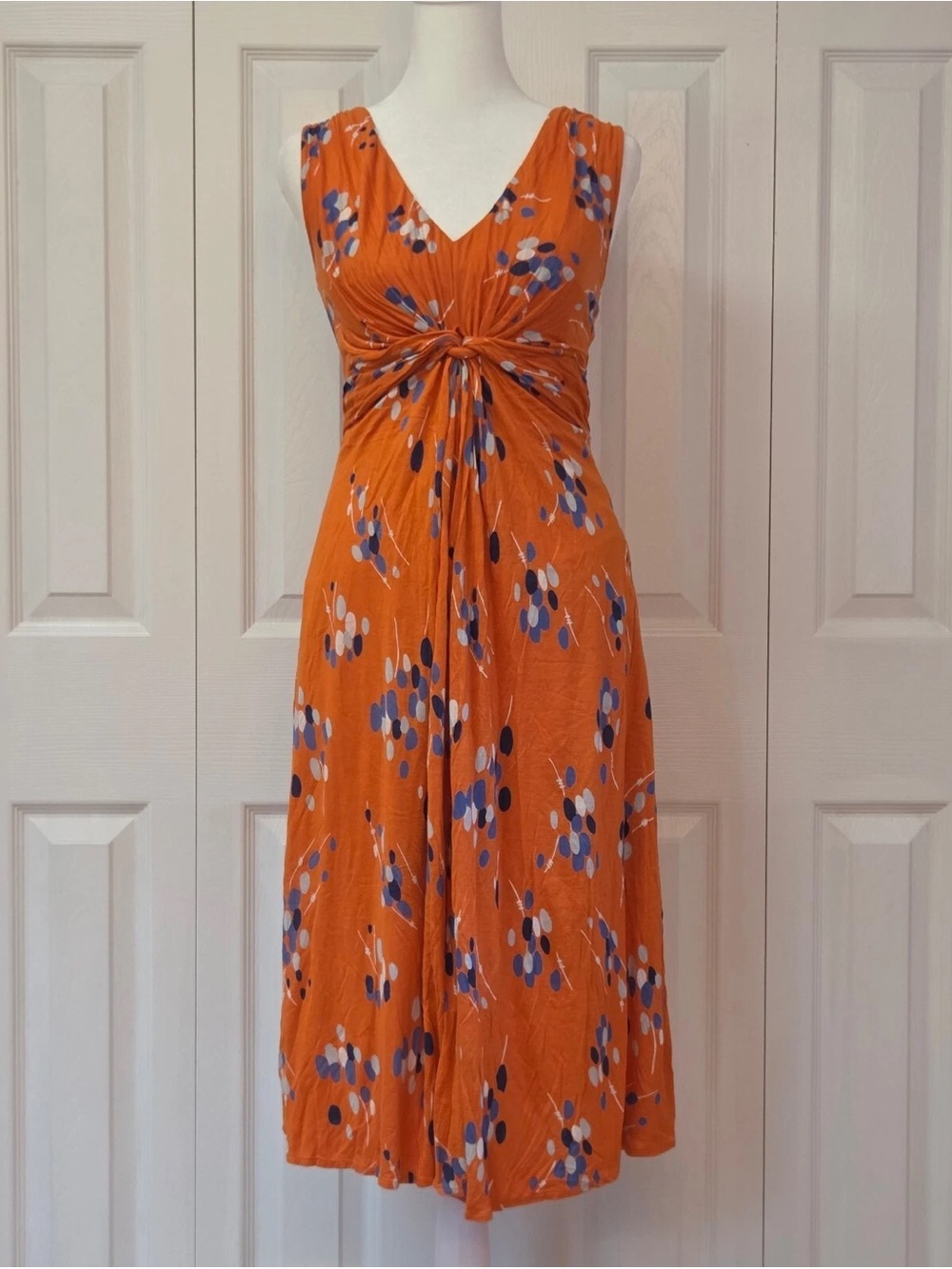Boden Orange Floral Knot-Front Midi Dress with Blue Accents